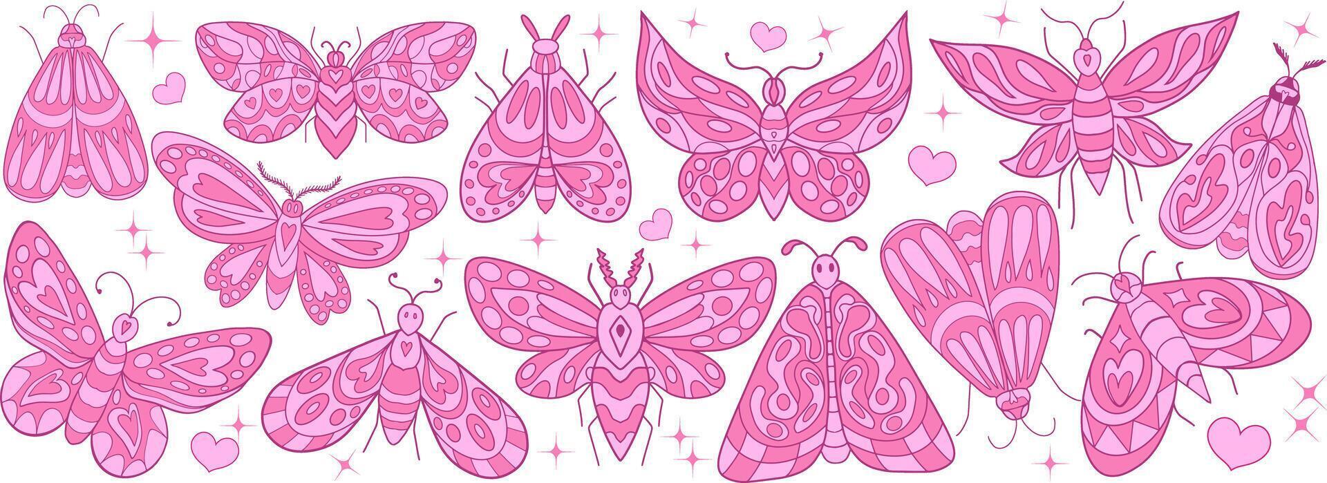Butterflies pink set. cute moth butterfly. Collection of vintage elegant illustrations of butterflies. Monochrome Insect black winged gorgeous illustration vector