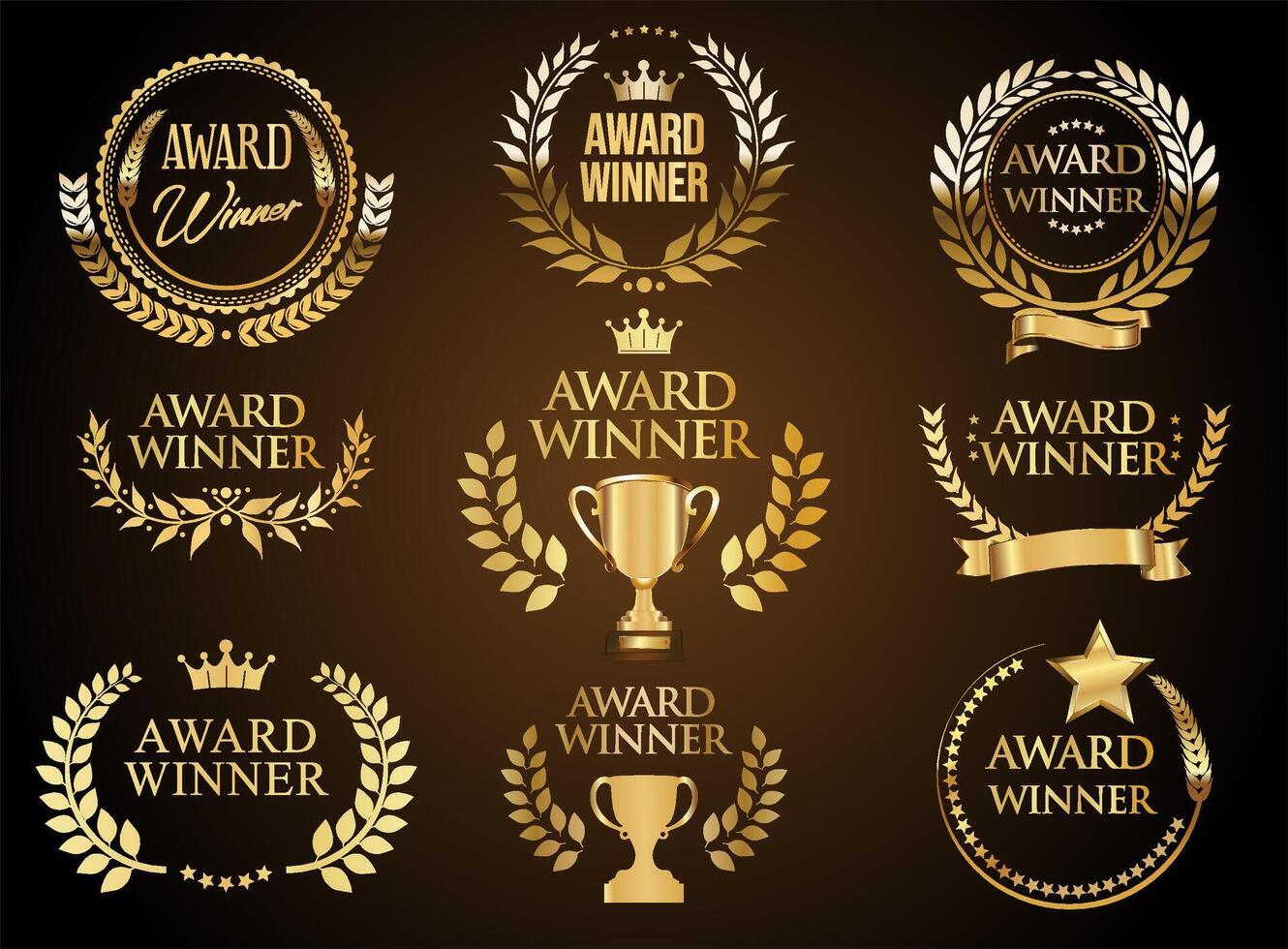 Award Winner emblem collection of gold laurel wreath stock illustration vector