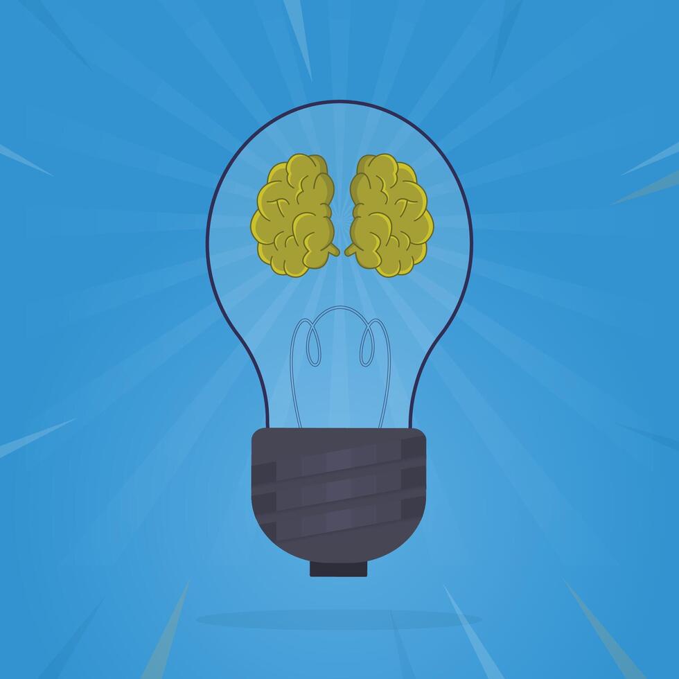 Creative bright bulb icon with mind, isolated on blue gradient background, symbol of creativity, creative idea, mind, thinking illustration vector