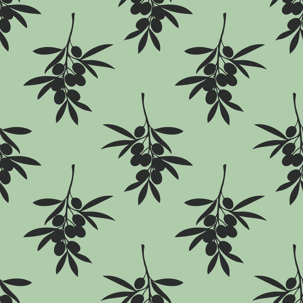 Olive branches silhouette pattern on green pastel soft background. vector