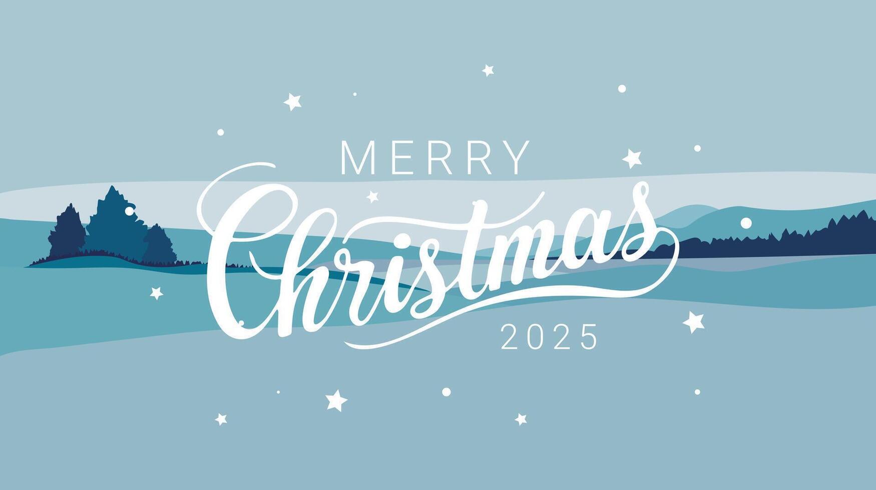 Merry Christmas 2025 text on horizontal winter landscape with hills and trees on soft background. vector