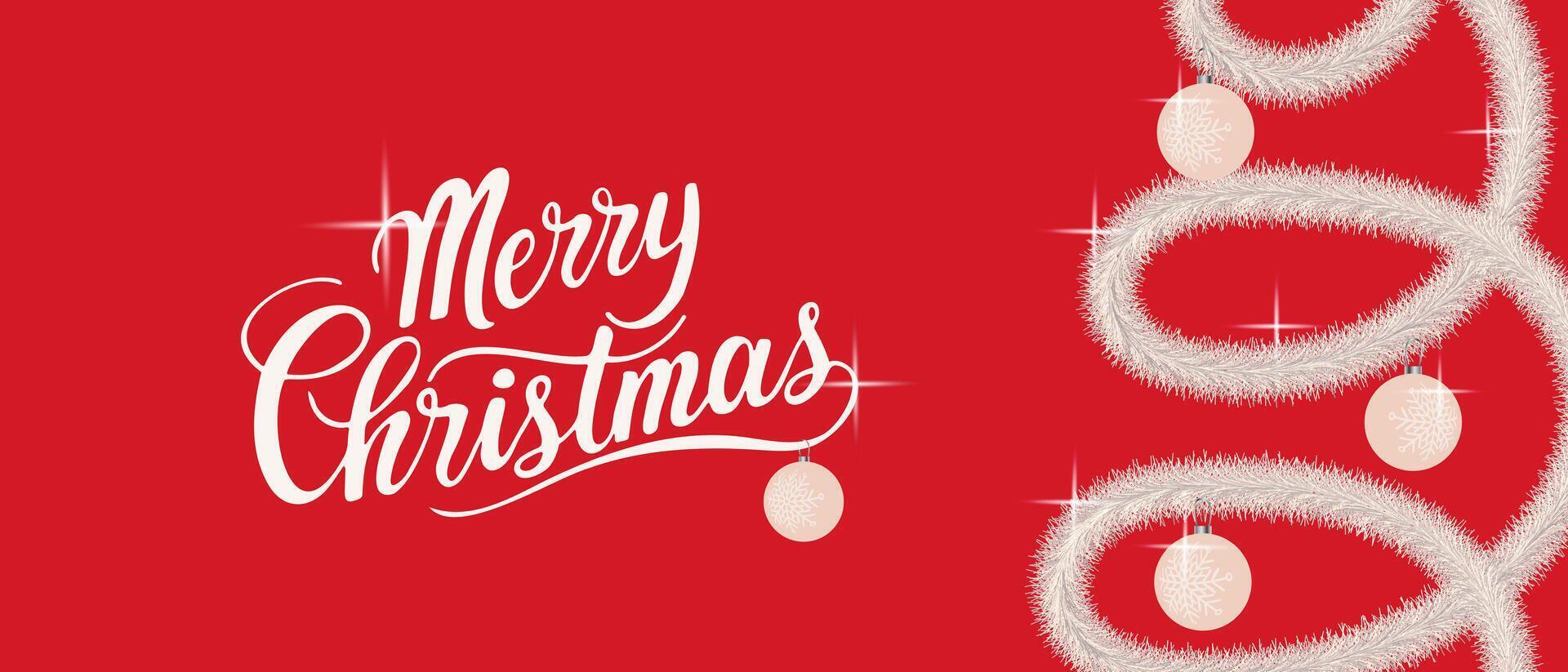Merry Christmas card on bright red background with sparkling tinsel and New Year tree decorations. Festive horizontal greeting. vector
