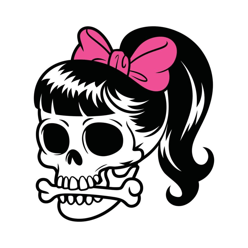 Skull with Pink Bow and Ponytail Hair Illustration Design vector