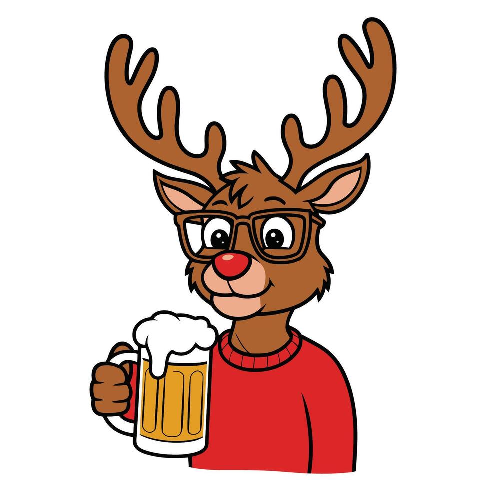 Cartoon Reindeer with Beer Mug in Christmas Sweater vector