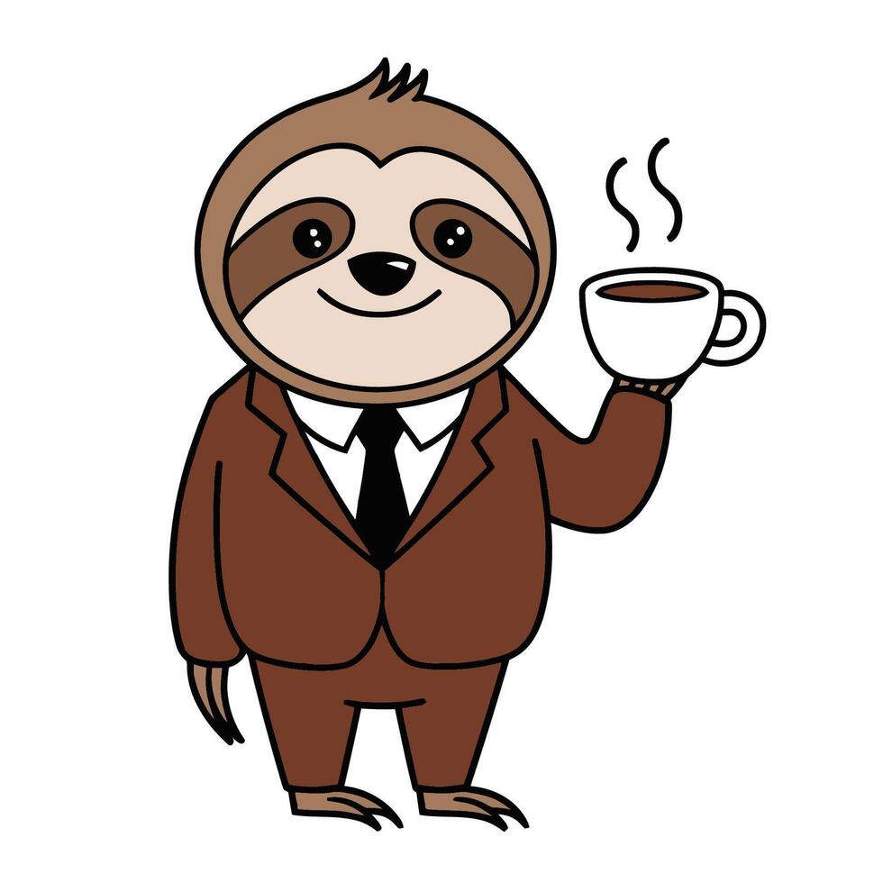 Cartoon Sloth in Suit Holding Coffee Cup vector