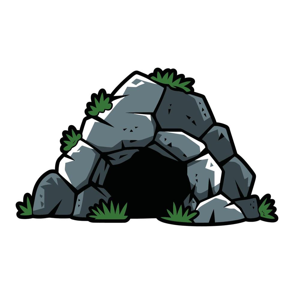 Rocky cave entrance with grass illustration vector