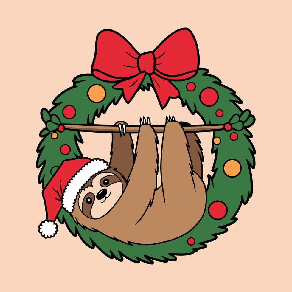 Christmas Sloth Hanging on Holiday Wreath Illustration vector