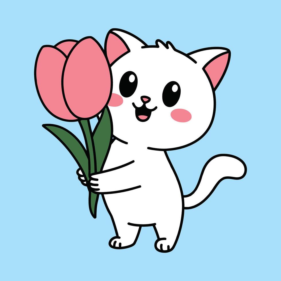 Cute Cartoon Cat Holding a Big Tulip Flower Illustration vector
