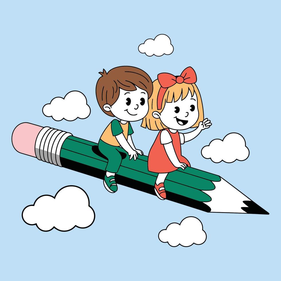 Kids Flying on a Pencil Illustration vector
