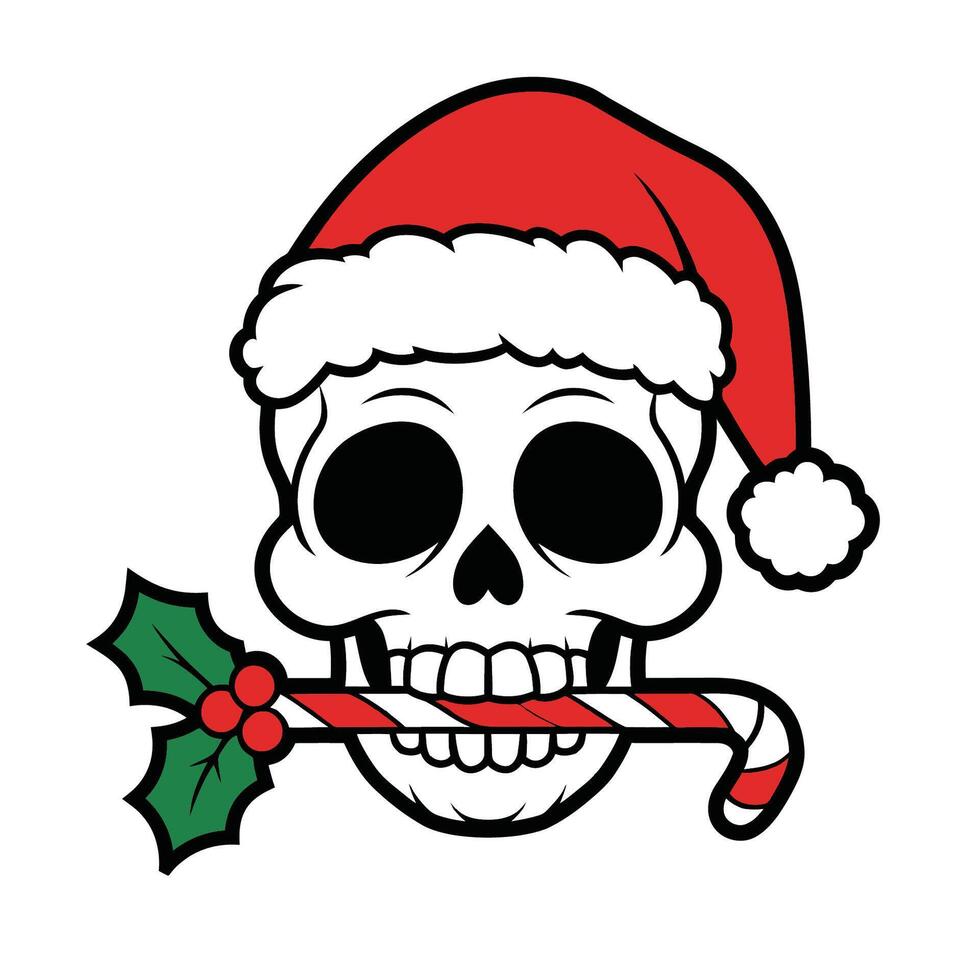 Festive Skull with Santa Hat and Candy Cane vector