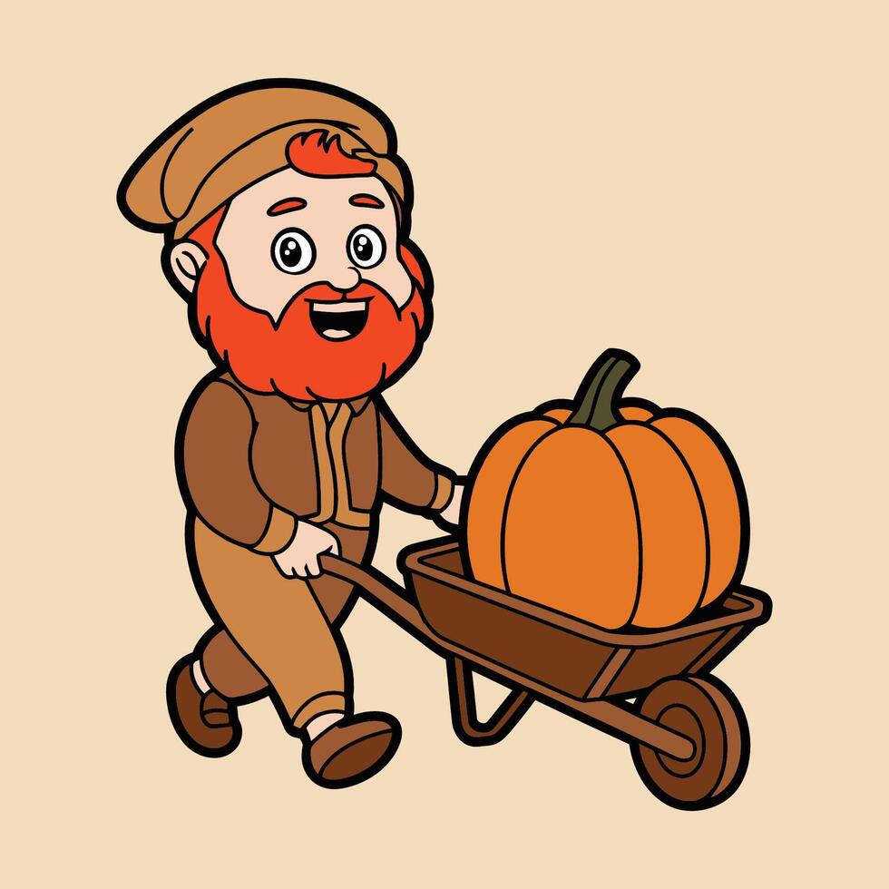 Farmer with Pumpkin and Wheelbarrow Cartoon Illustration vector