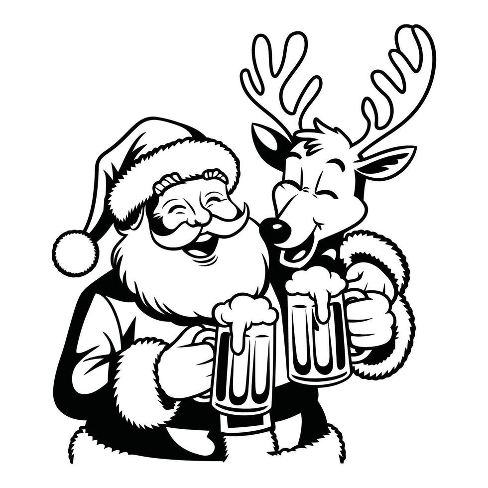 Santa and Reindeer Enjoying Beers Illustration vector