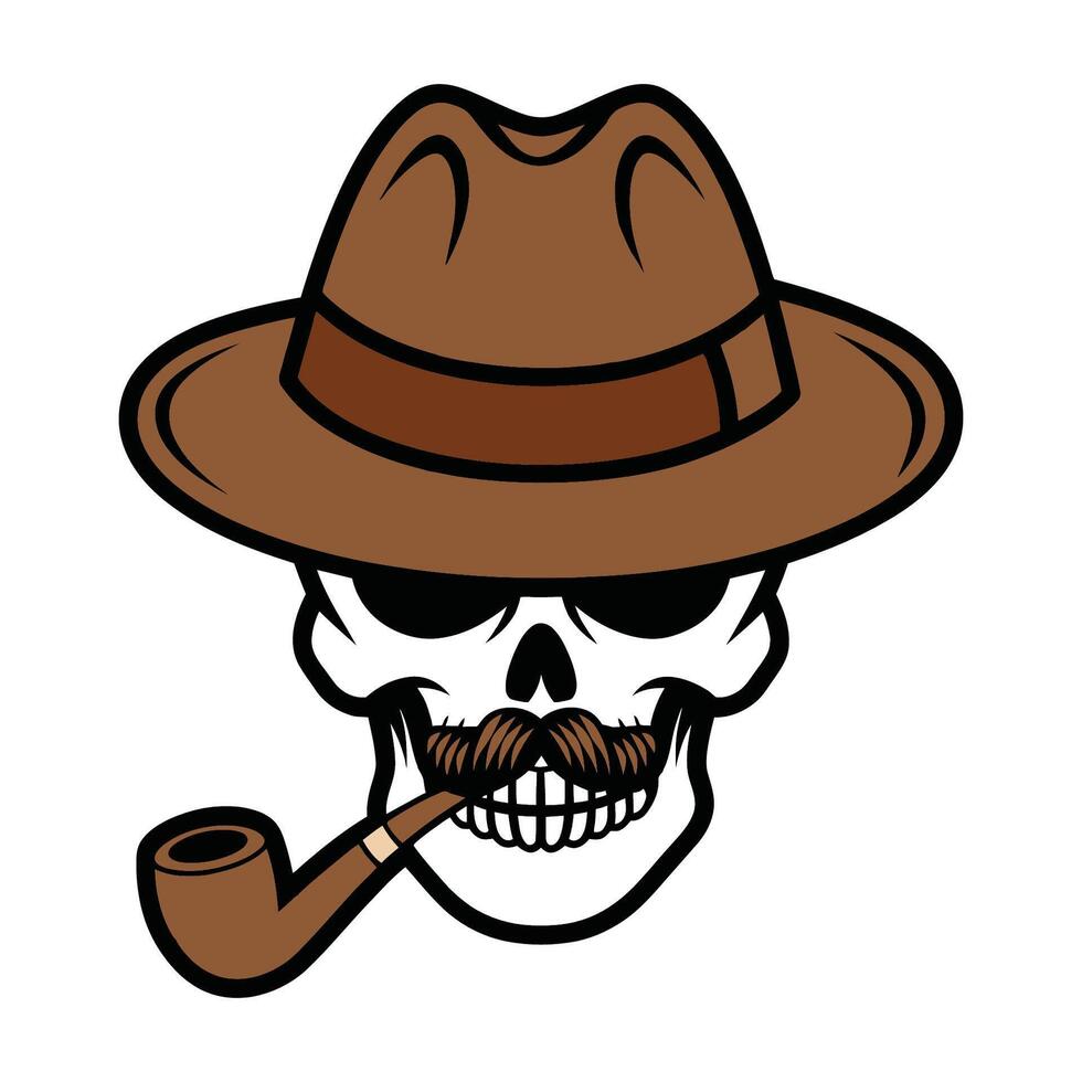 Skull with Fedora Hat and Pipe Cartoon Illustration vector