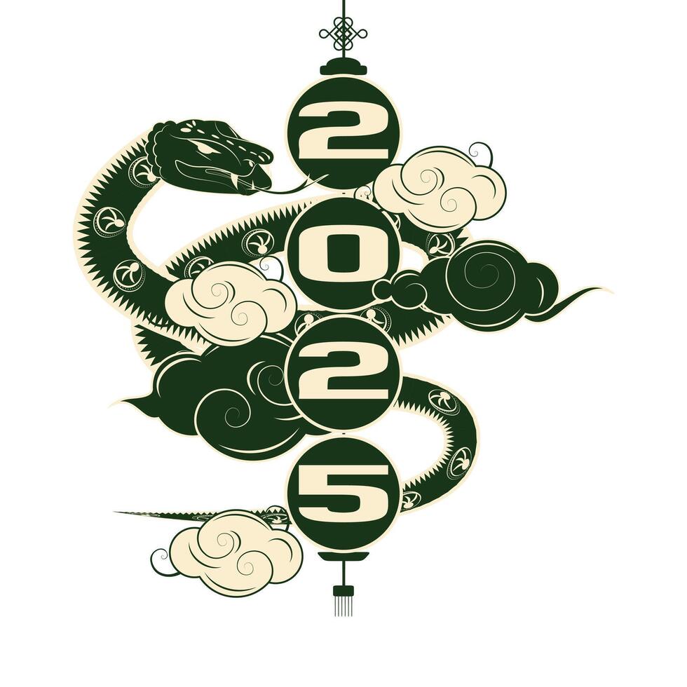 Chinese New Year 2025 banner featuring a snake around a lantern, clouds, and lunar theme vector