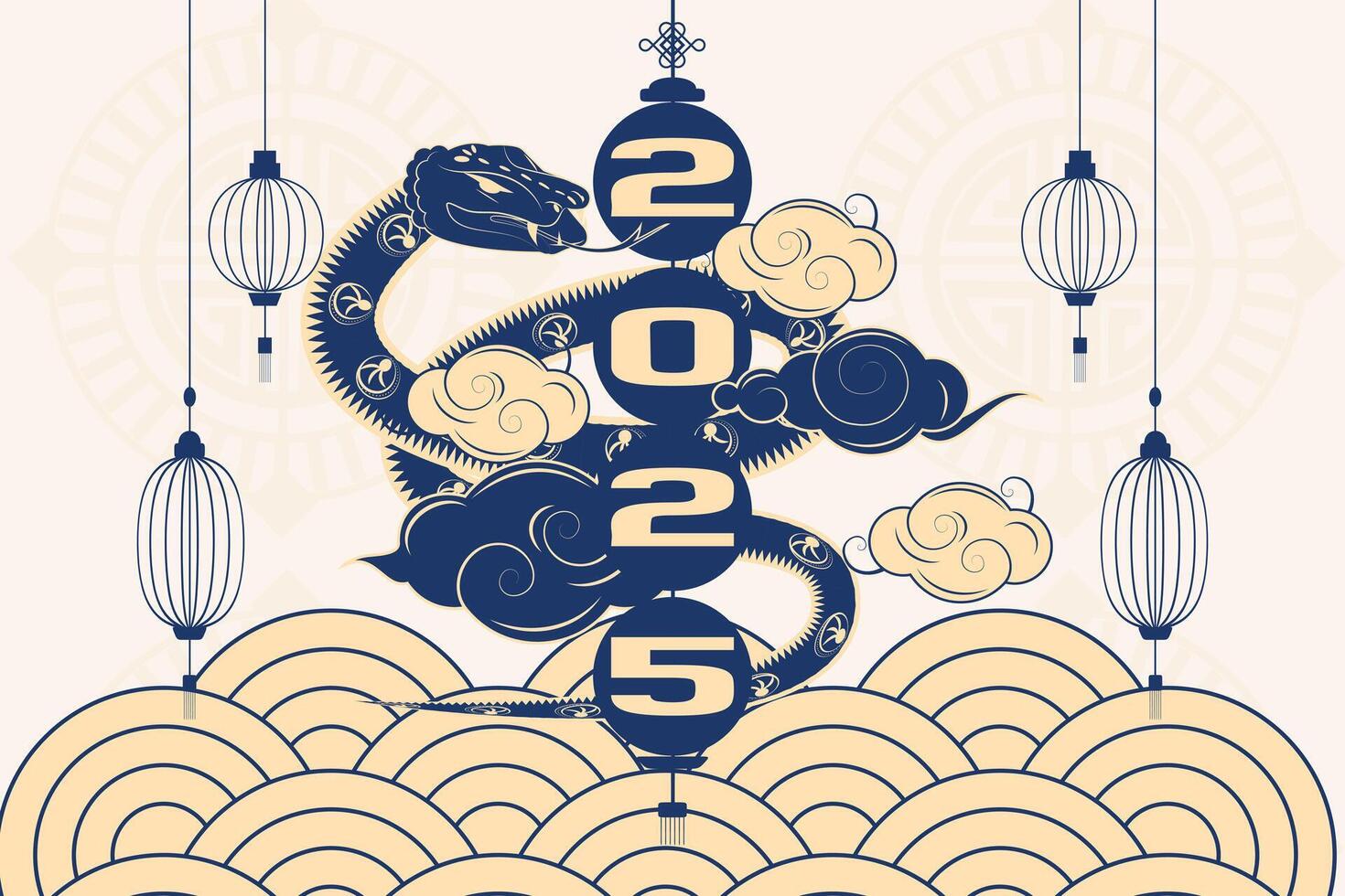 Chinese New Year 2025 banner featuring snake, lanterns, clouds, waves, and Chinese symbols in elegant colors vector