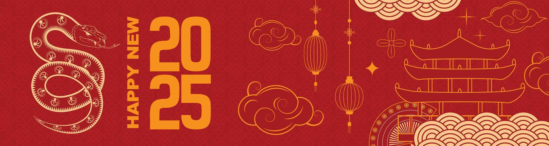 Chinese New Year. Festive 2025 New Year banner with snake, table, lanterns, and traditional Asian decor vector