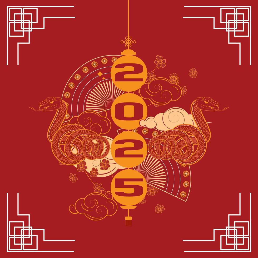 2025 Year of the Snake festive illustration with decorative elements in vibrant red and gold vector