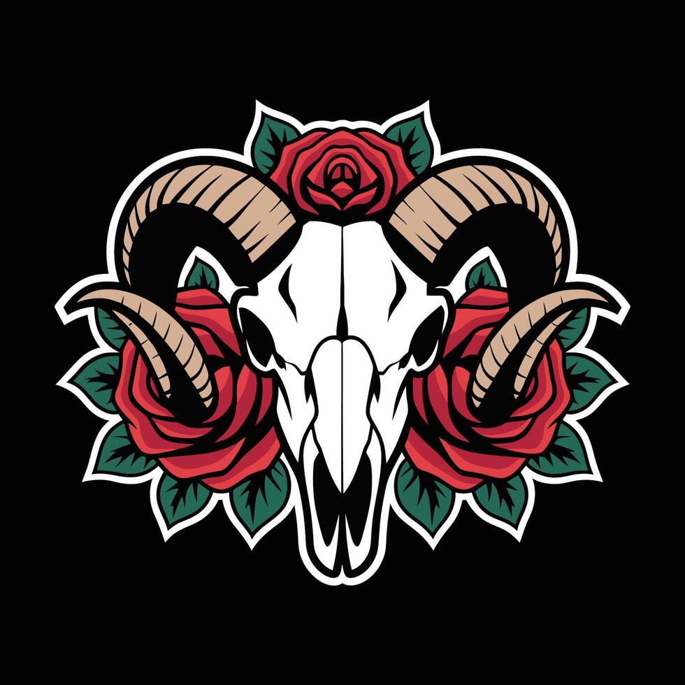 Ram Skull with Roses Retro Illustration vector