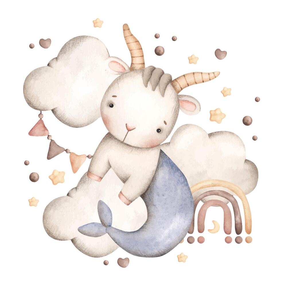 Zodiac watercolor hand-drawn illustration with little capricorn on cloud with stars and moon. Cute cartoon little goat for kids. vector