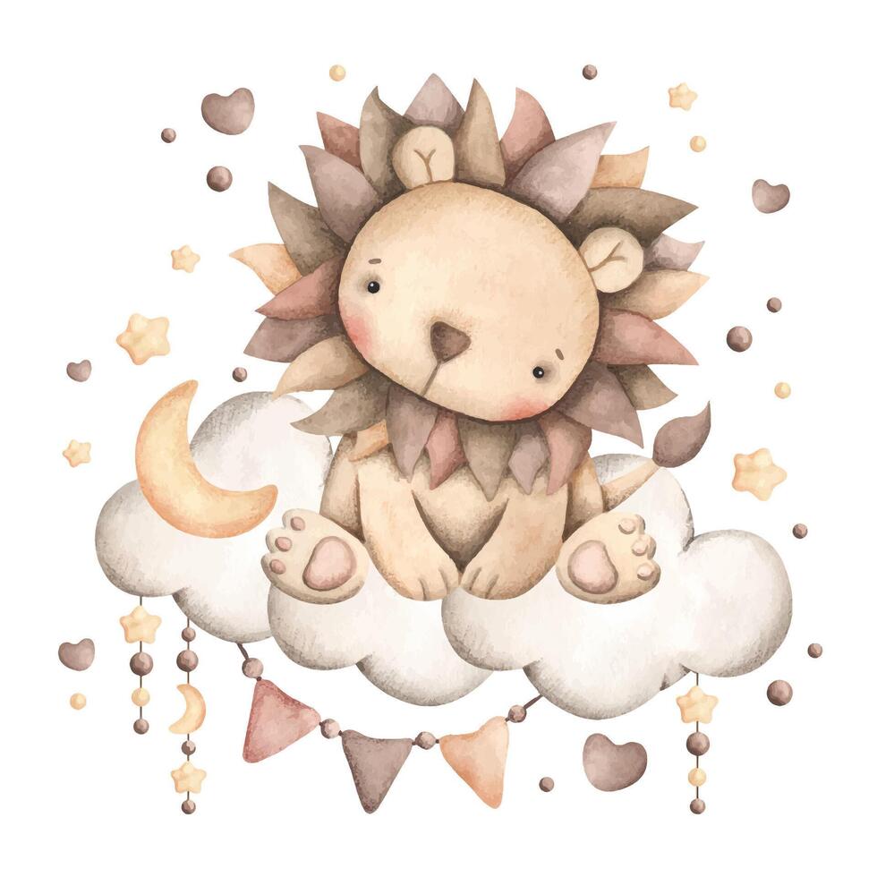 Zodiac watercolor hand-drawn illustration with little leo on cloud with stars and moon. Cute cartoon lion for kids. vector