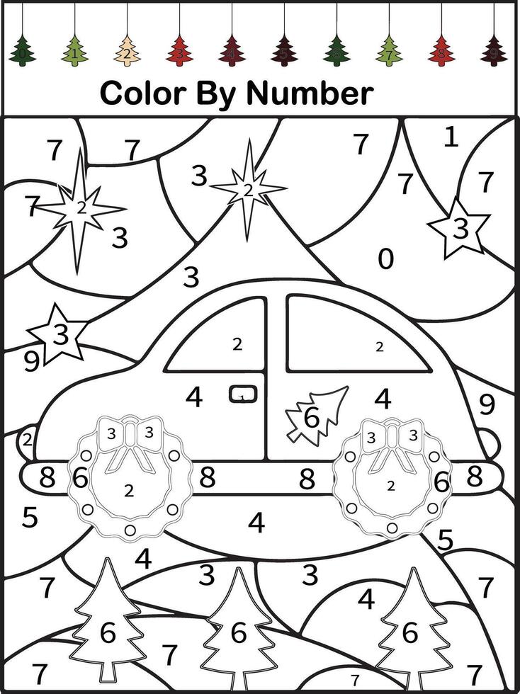 Christmas tree color by number math worksheet vector