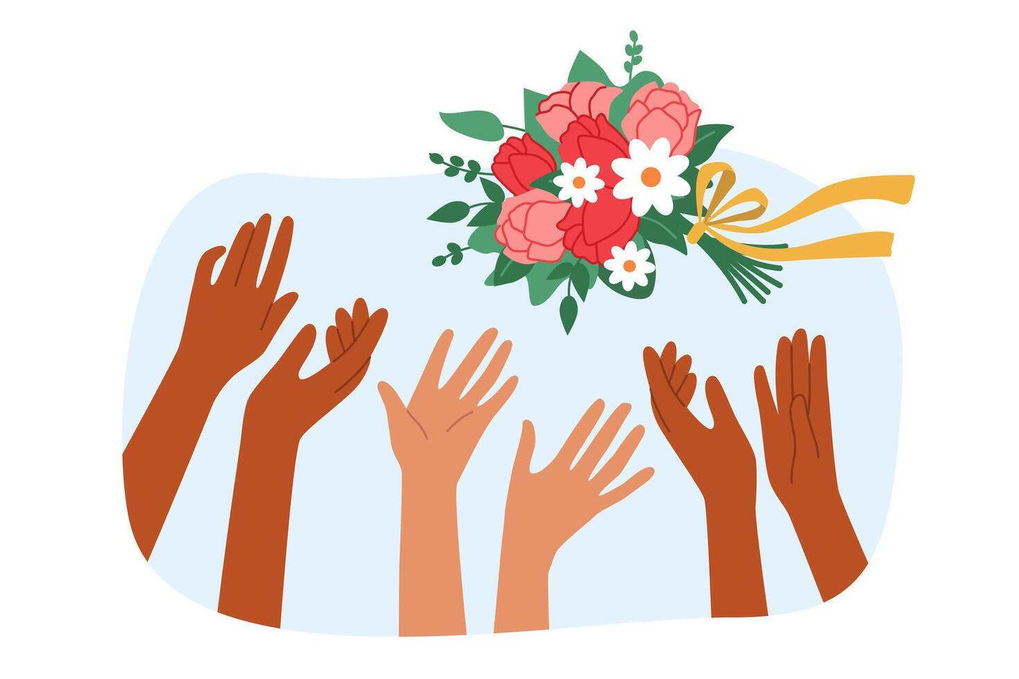 Wedding bouquet over hands of maids of honor fighting for flowers thrown by bride vector