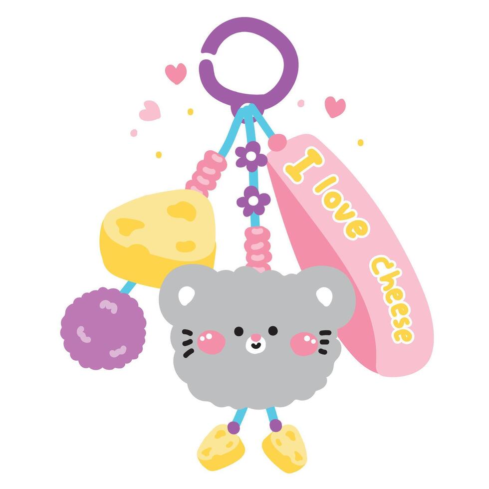 Cute rat mouse face head keychain bag with bead and furry ball.I love cheese text.Flower and heart.Rodent animal cartoon.Image for card,sticker,decoration item.Kawaii.Illustration. vector