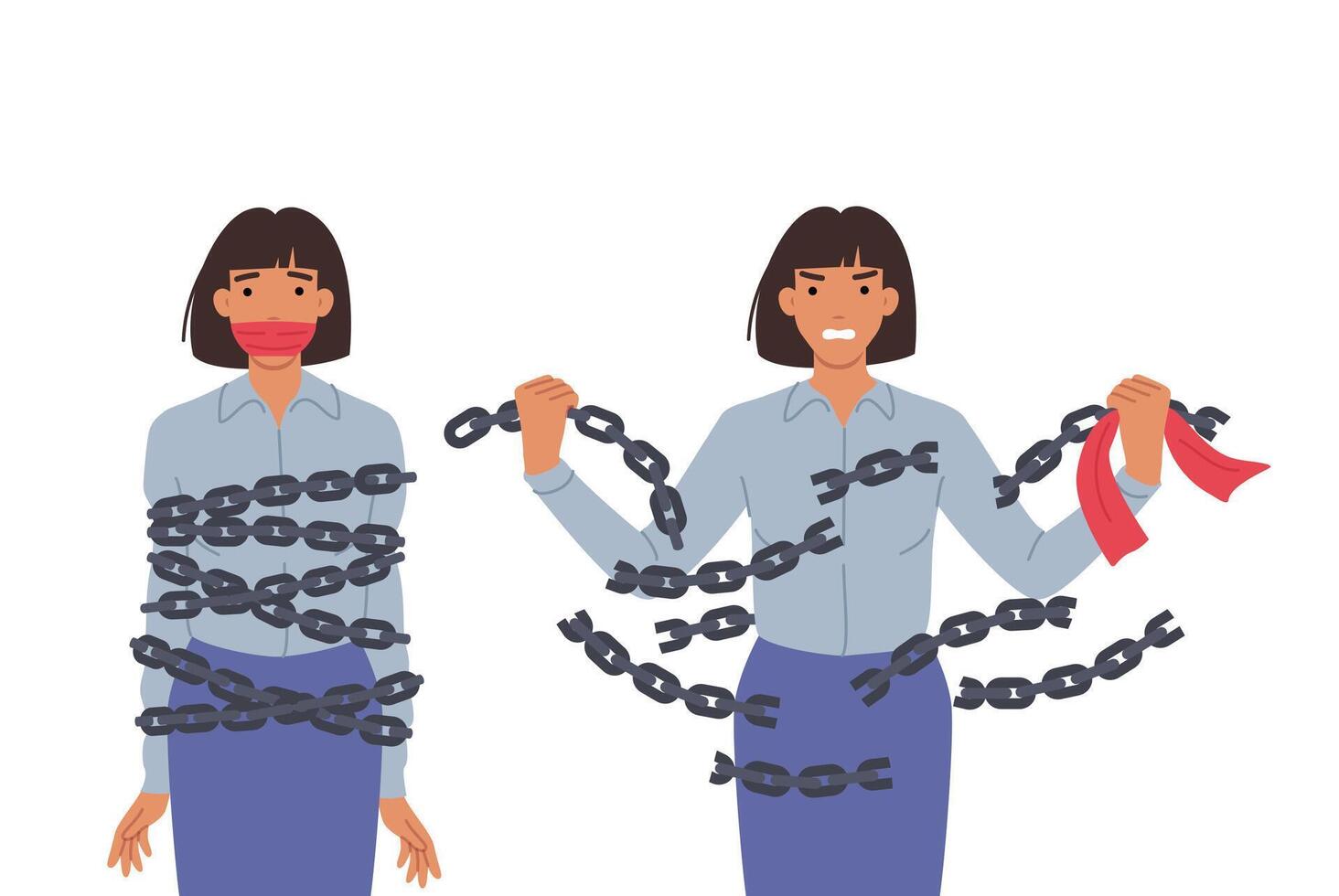 Emancipation woman breaking chains to free herself from oppression and discriminatory attitudes vector