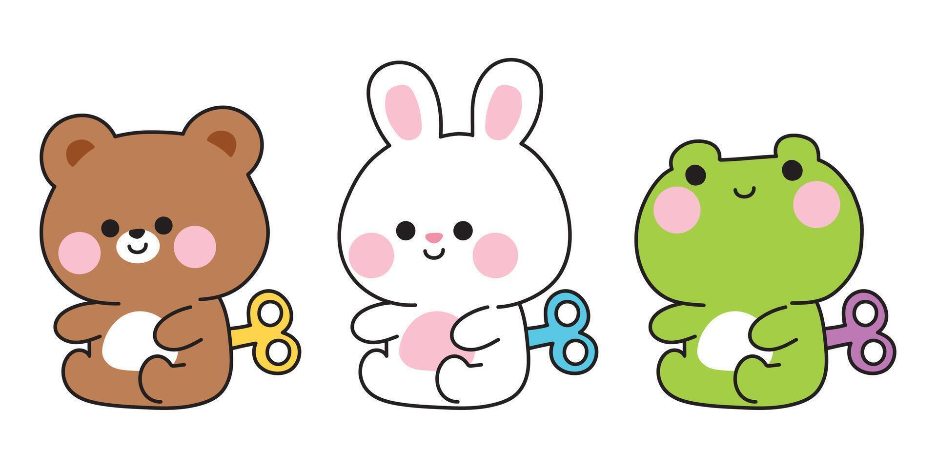 Set of cute animal dolls sit on white background.Toy.Wild,rodent,reptile animals hand drawn.Teddy bear,rabbit bunny,frog.Cartoon character.Image for baby clothing,sticker,decoration.Kawaii. vector