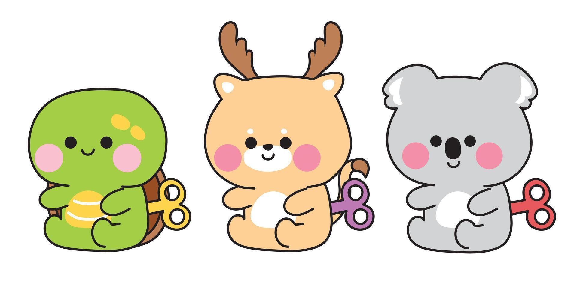 Set of cute animal dolls sit on white background.Wind up toy.Turtle,deer,koala bear hand drawn.Cartoon animals character.Image for baby clothing,sticker,decoration.Kawaii.Illustration vector