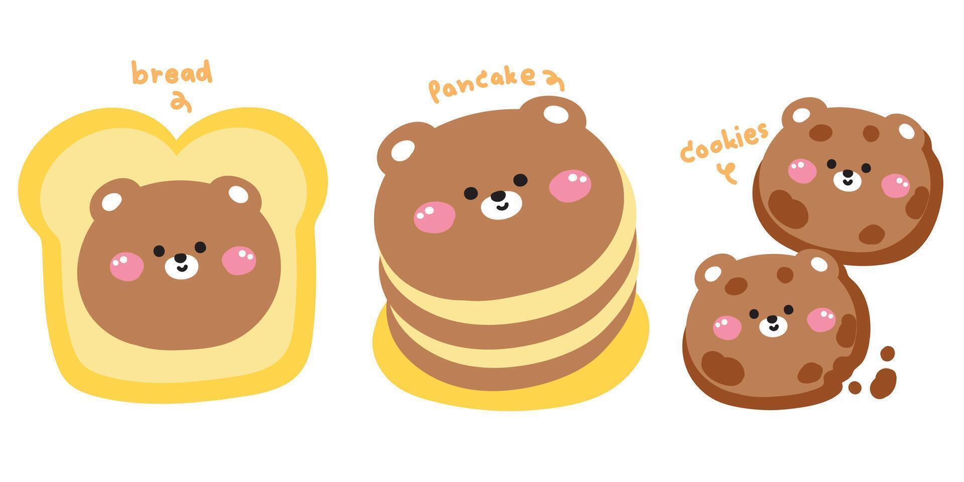 Set of cute bear in various menu bakery.Pastel.Face teddy.Bread,pancake,cookies.Wild animal character cartoon design.Kawaii.Illustration vector