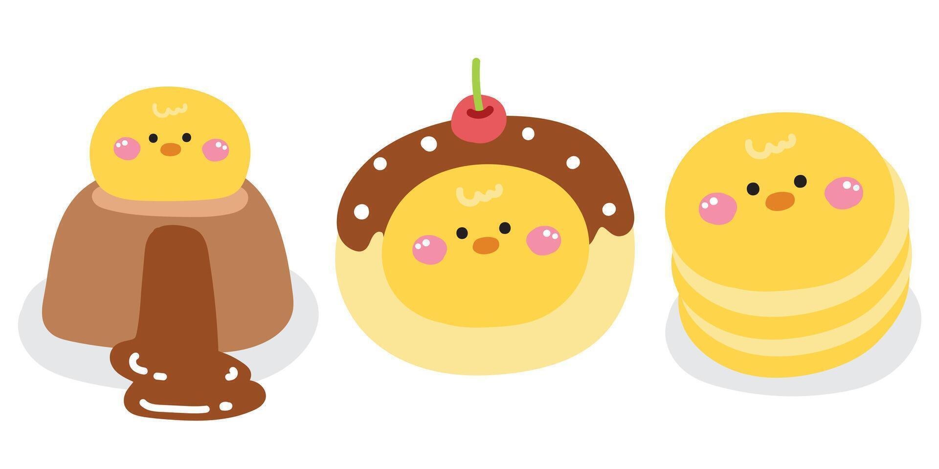 Set of cute chicken in various menu bakery.Pastel.Face.Head.Chocolate lava cake,donut cherry,pancake.Farm bird animal character cartoon design.Kawaii.Illustration vector
