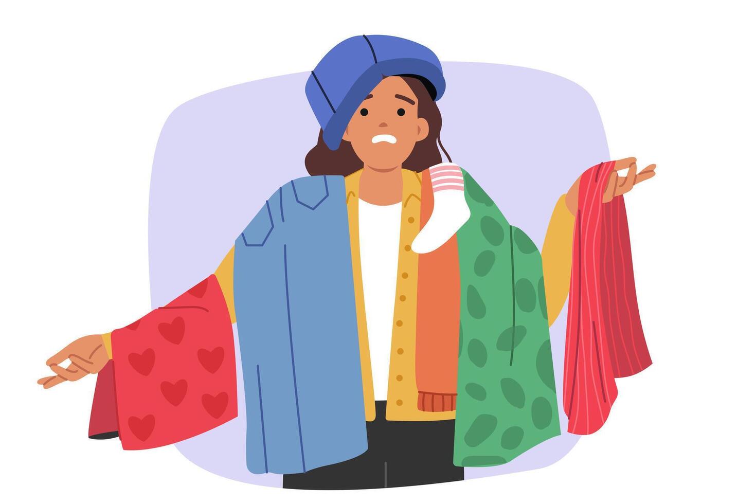 Shopaholic woman keeps lot of clothes, feeling embarrassed due to lack of skills in choosing outfit vector