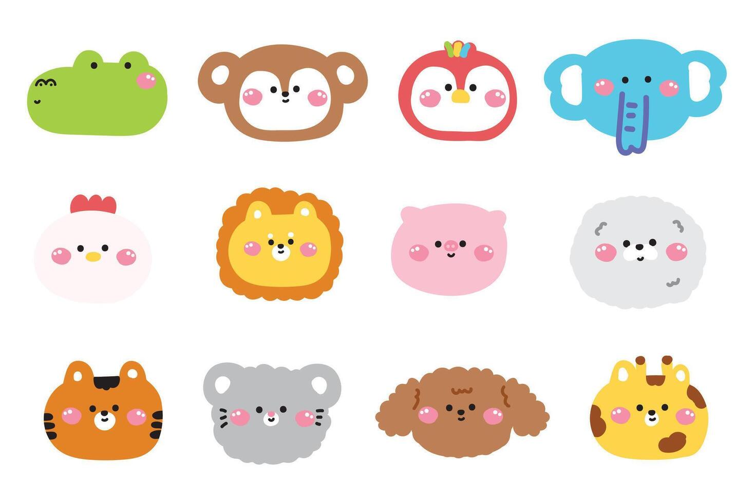 Set of cute face head animals in pastel and doodle style.Crocodile,monkey,lion,dog,tiger hand drawn.Animals character cartoon design.Kawaii.Illustration. vector