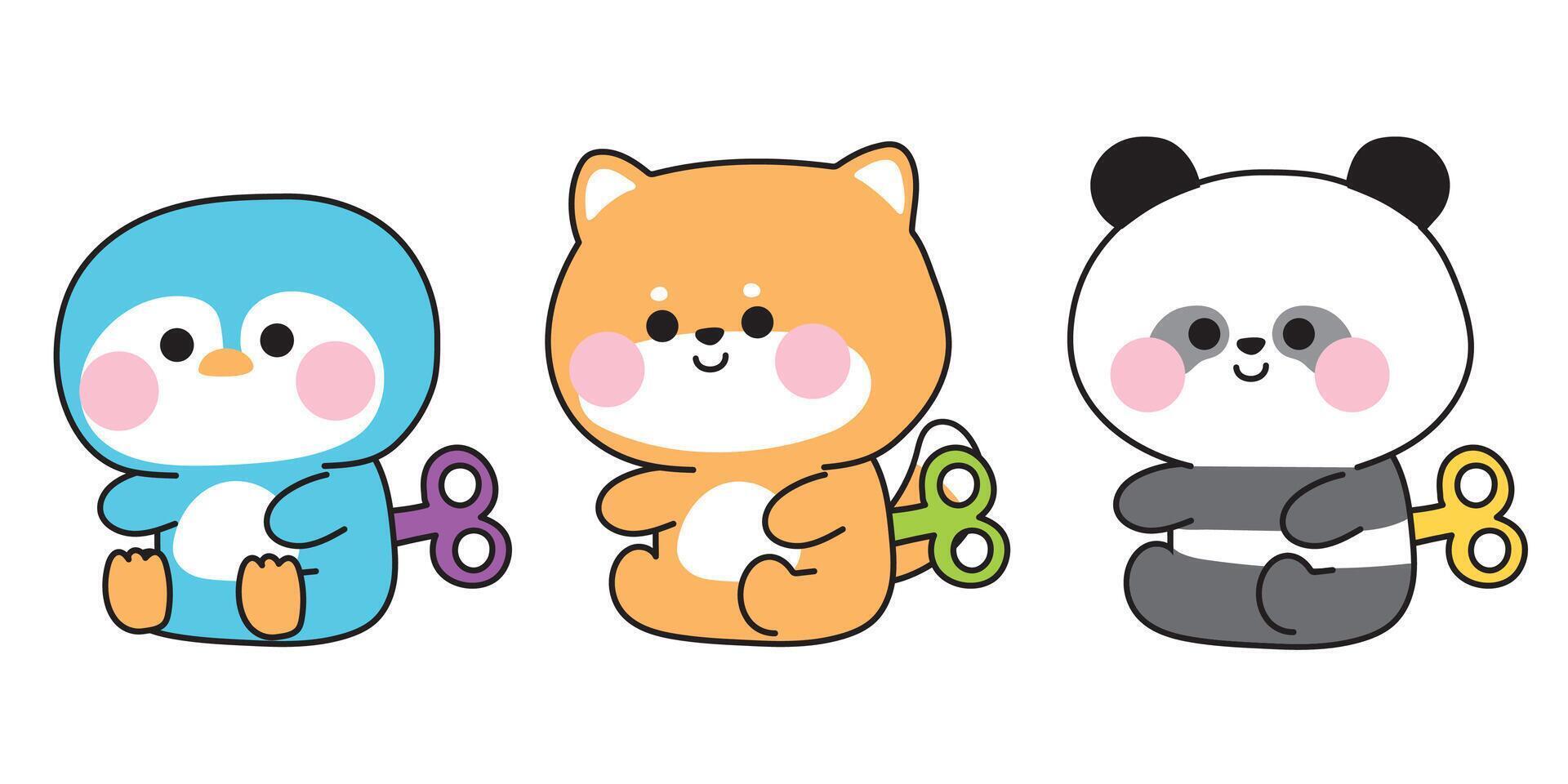 Set of cute animal dolls sit on white background.Wind up toy.Penguin,shiba inu dog,panda bear hand drawn.Cartoon animals character.Image for baby clothing,sticker,decoration.Kawaii.Illustration vector