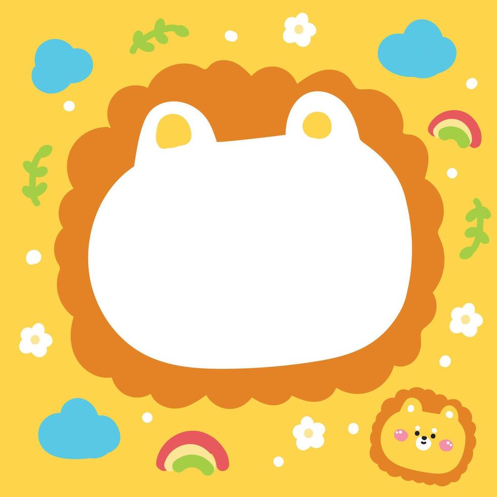 Cute lion face head in paper note.Stationary template.Cloud,rainbow,leaf,flower hand drawn.Wild animal character cartoon design.Image for card,sticker,paper sheet.Kawaii.Illustration. vector