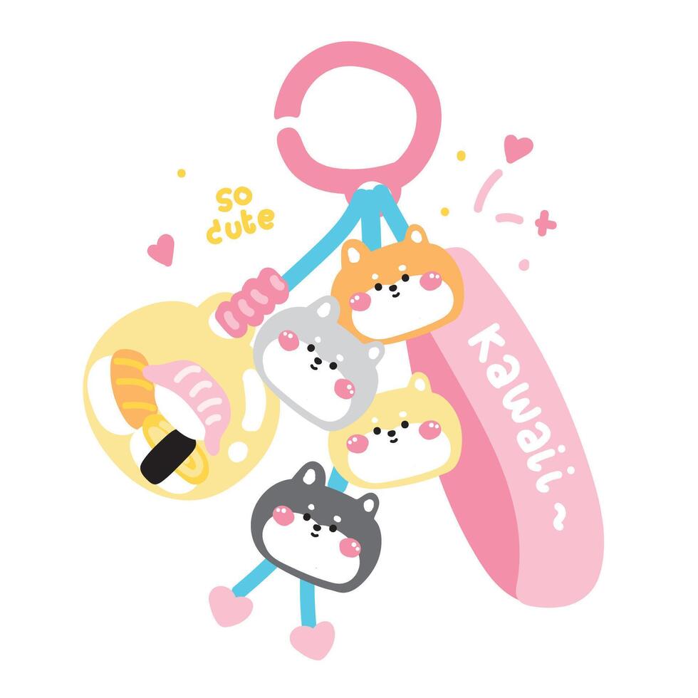 Cute shiba inu dog face head keychain bag with sushi bead.Kawaii mean cute in japanese.Pet animal cartoon.Image for card,sticker,decoration item.Kawaii.Illustration. vector