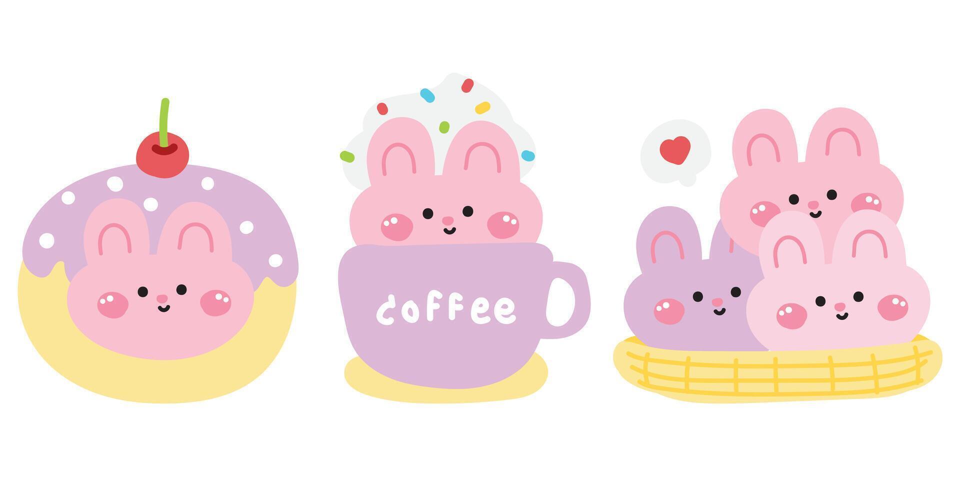 Set of cute rabbit in various menu bakery.Pastel.Face bunny.Donut cherry,coffee,cookies.Rodent animal character cartoon design.Kawaii.Illustration vector