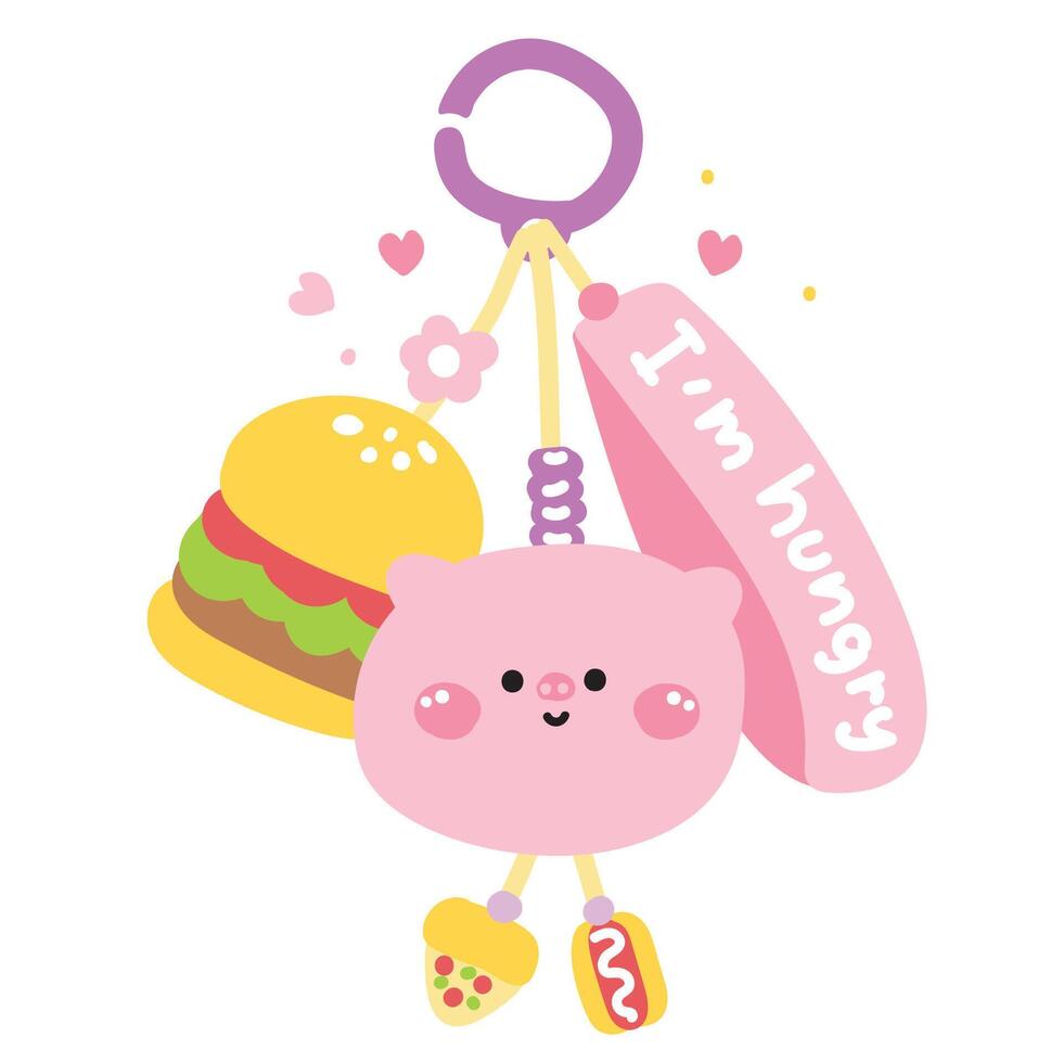 Cute pig face head keychain bag with bead.I am hungry text.Hamburger,hot dog,pizza.Farm animal cartoon.Image for card,sticker,decoration item.Kawaii.Illustration. vector