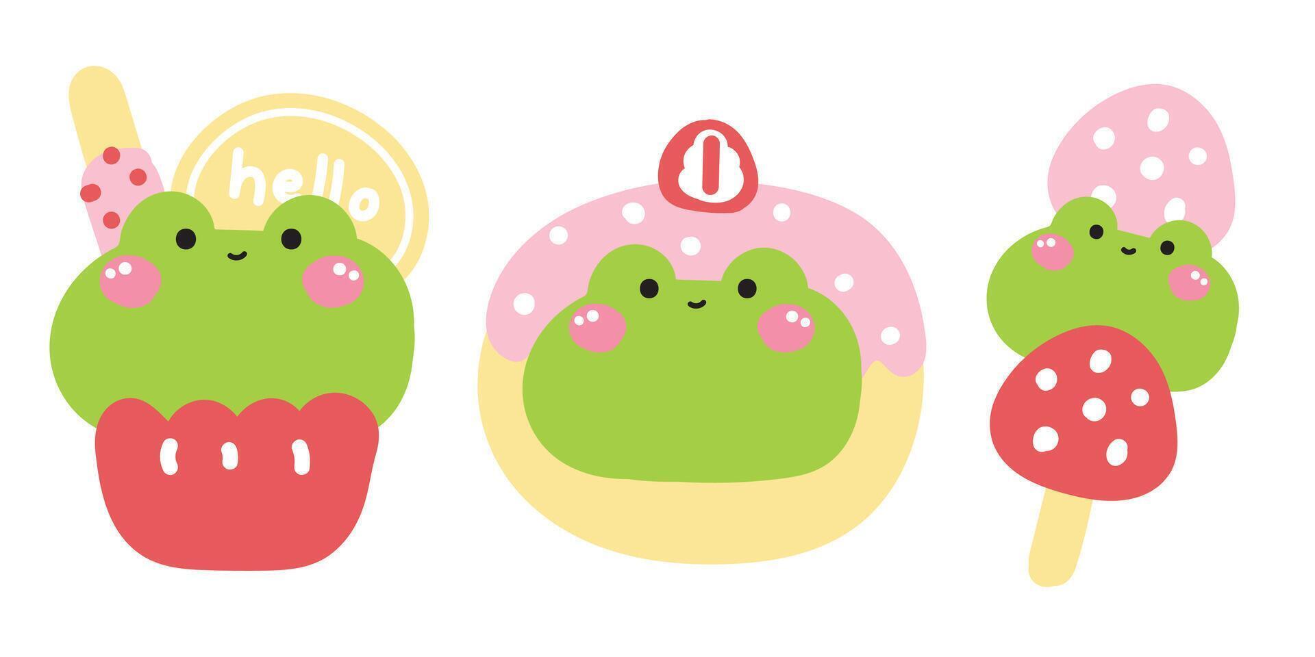Set of cute frog in various menu bakery.Pastel.Face frog.Tanghulu is chinese candied fruit,cupcake,donut.Reptile animal character cartoon design.Kawaii.Illustration vector
