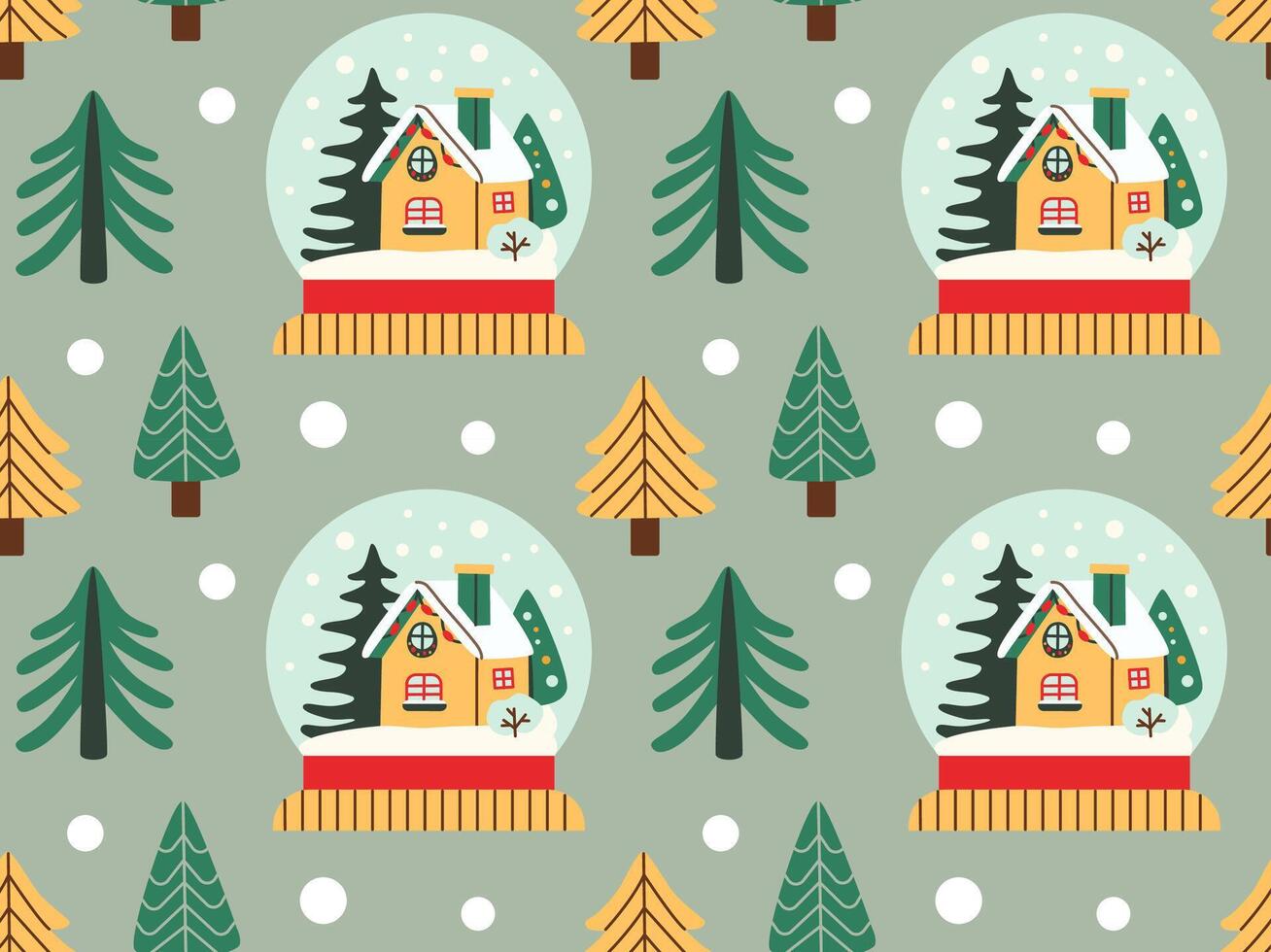 Seamless festive pattern featuring snow globes with cozy houses, evergreen trees, and snowflakes. Ideal for Christmas designs, gift wrap, and seasonal decorations in flat style. vector