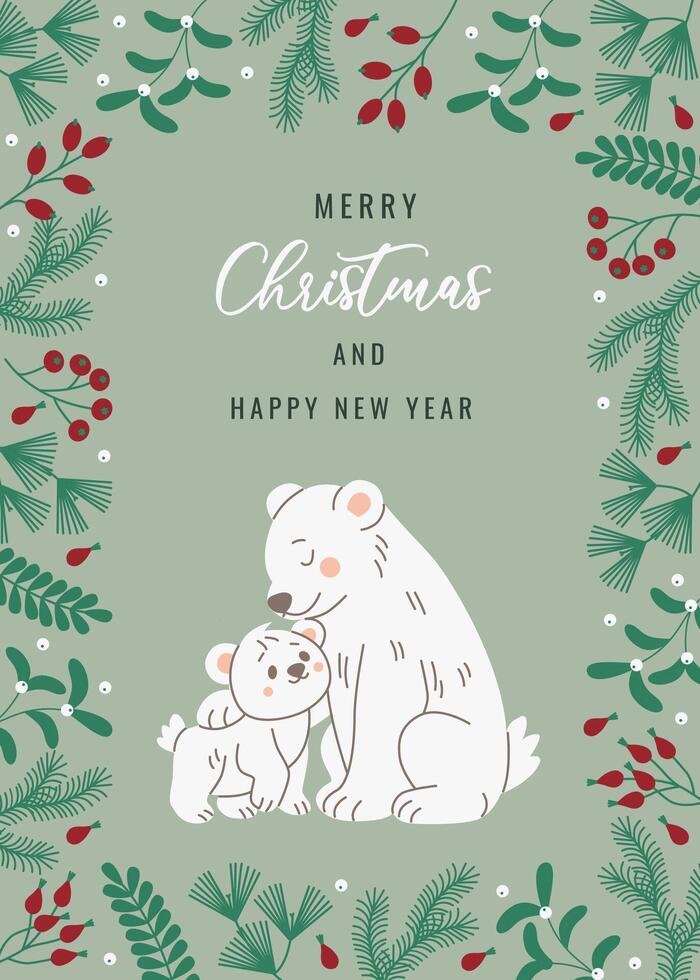 Flat style Christmas card featuring a mother polar bear and her cub surrounded by festive greenery and berries, with Merry Christmas and Happy New Year text in elegant typography. vector