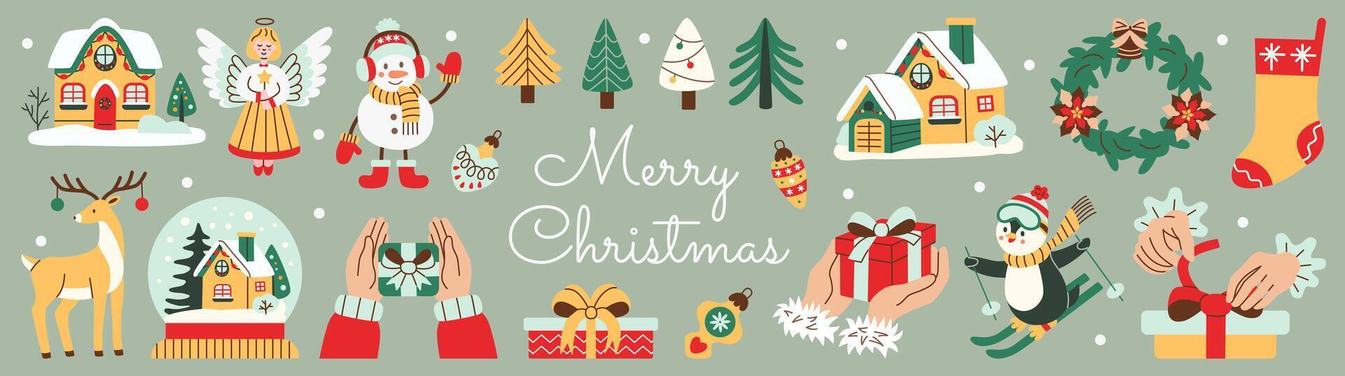 Festive Christmas illustration set in flat style featuring holiday icons such as gifts, wreaths, snowman, angel, trees, and cozy houses. Perfect for cards, posters, and winter decorations. vector