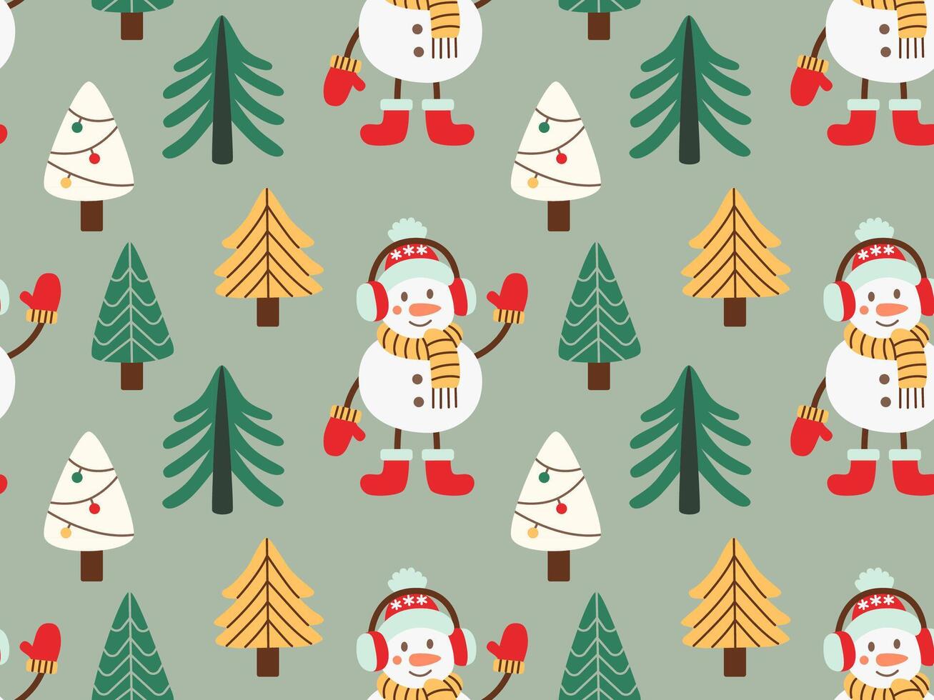 Festive seamless pattern featuring snowmen, Christmas trees, and decorated fir trees in vibrant colors. Perfect for holiday designs, gift wrapping, and seasonal decor in flat style. vector