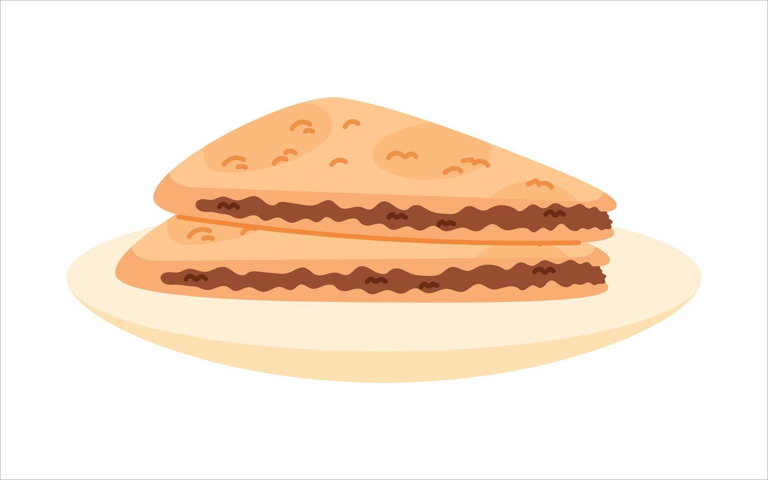 A clean and colorful isolated illustration of traditional Turkish flatbread with a savory filling, displayed on a plate. Ideal for culinary projects, cultural content, and food-related designs. vector
