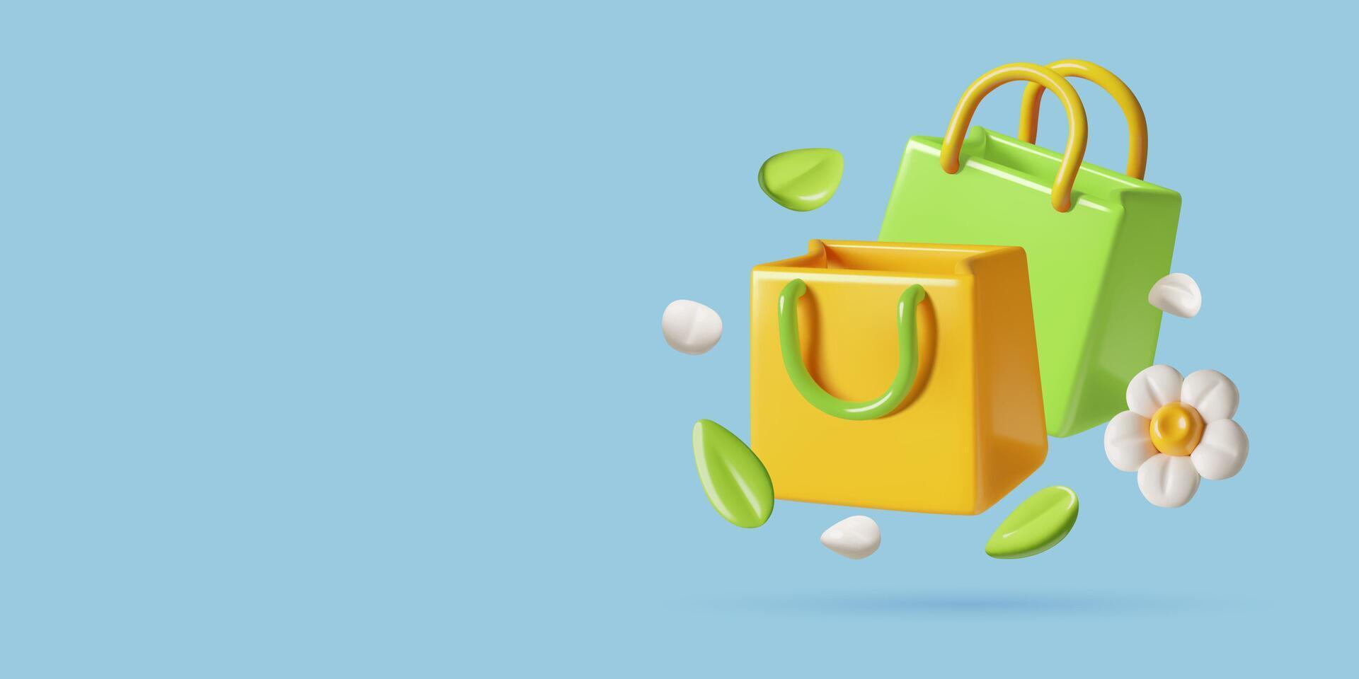 Shopping bags 3d spring sale and promotion background with leaves and white petals vector