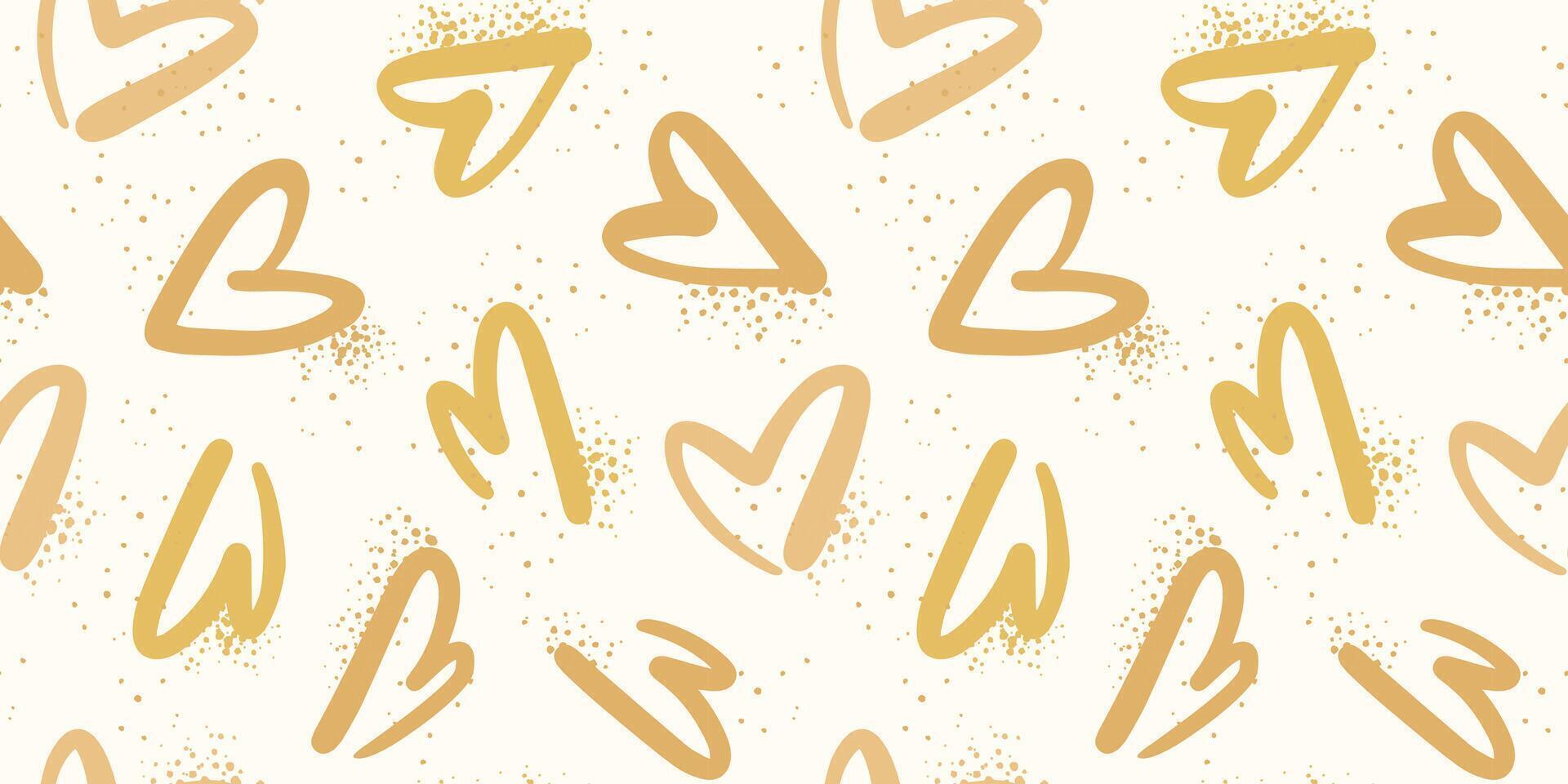 Golden hearts seamless pattern in a rough brush strokes style with splayed paint texture. vector
