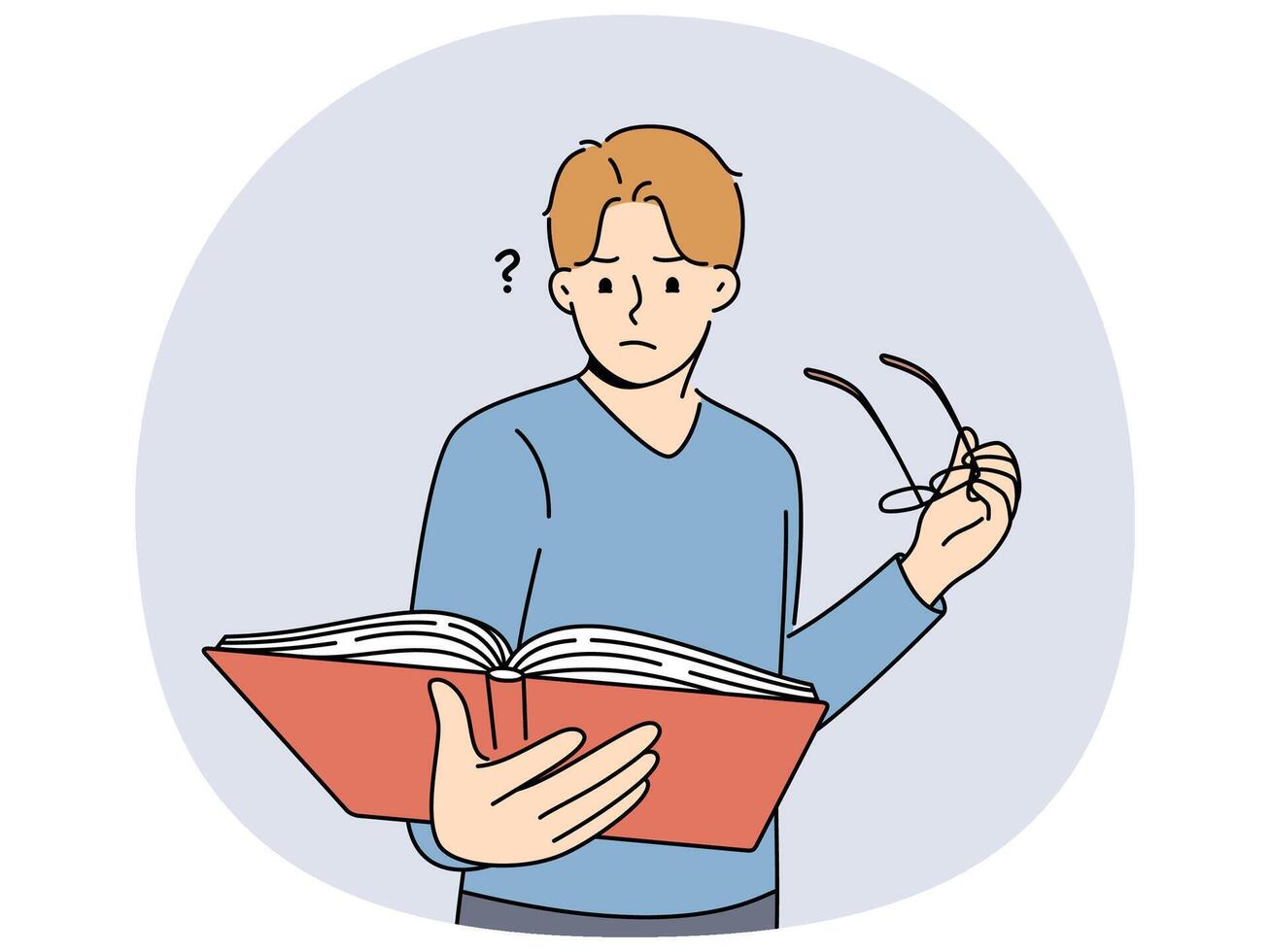 Man with book takes off glasses, getting upset because of deterioration of vision vector