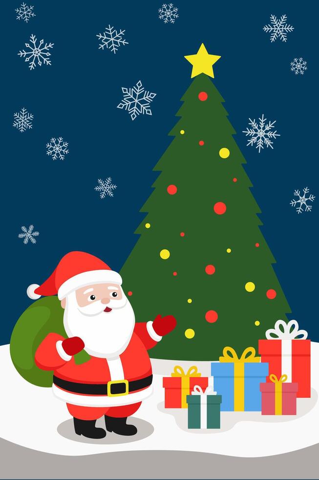 Christmas card with Santa Claus with a bag of gifts at night vector