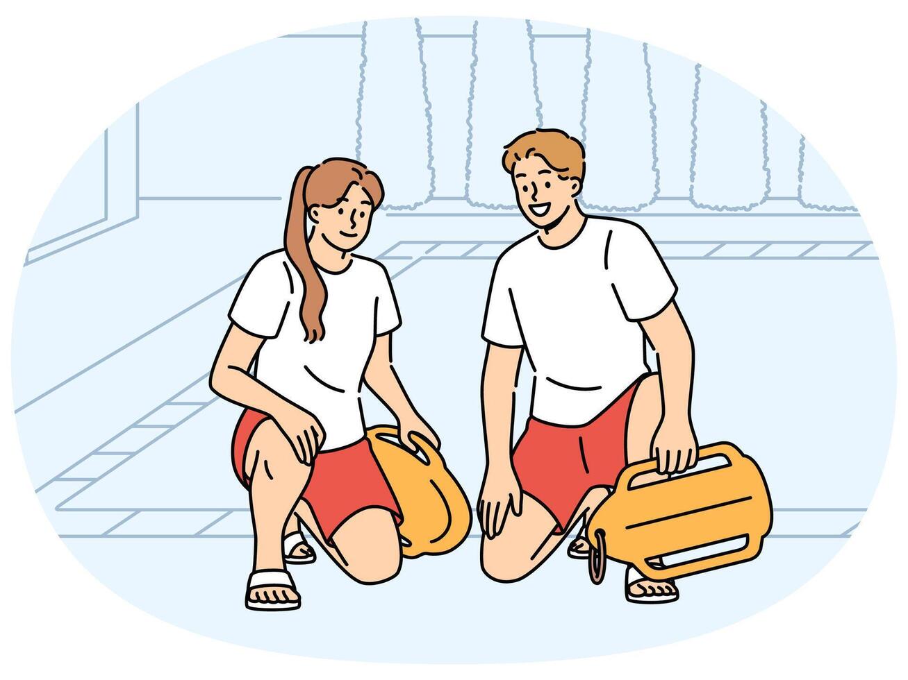 Pair of lifeguards sit by pool at hotel, holding swim training aids and keeping visitors safe vector